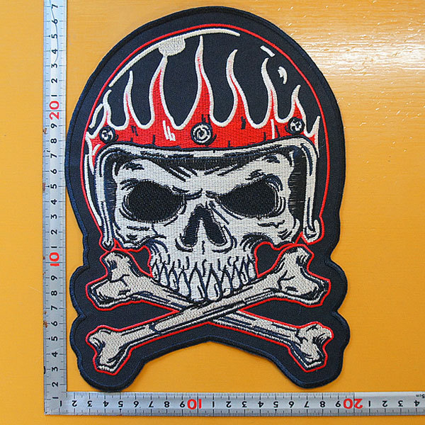 大きな刺繍アイロンワッペン アップリケ パッチ【スカル バイカー】ドクロ ファイヤーパターン アメカジ BIKER アメリカン SKULL_画像1