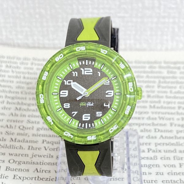 210円 正規 210円 ファッション 美品 FLIK FLAK 腕時計 フリックフラック 3針 逆回転防止ベゼル グリーン 稼動品 F5807