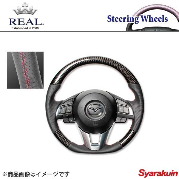 REAL レアル ステアリング MAZDA/マツダ デミオ DJ 前期 オリジナルシリーズ ガングリップ ブラックカーボン 赤×ブラック ユーロステッチ_画像1