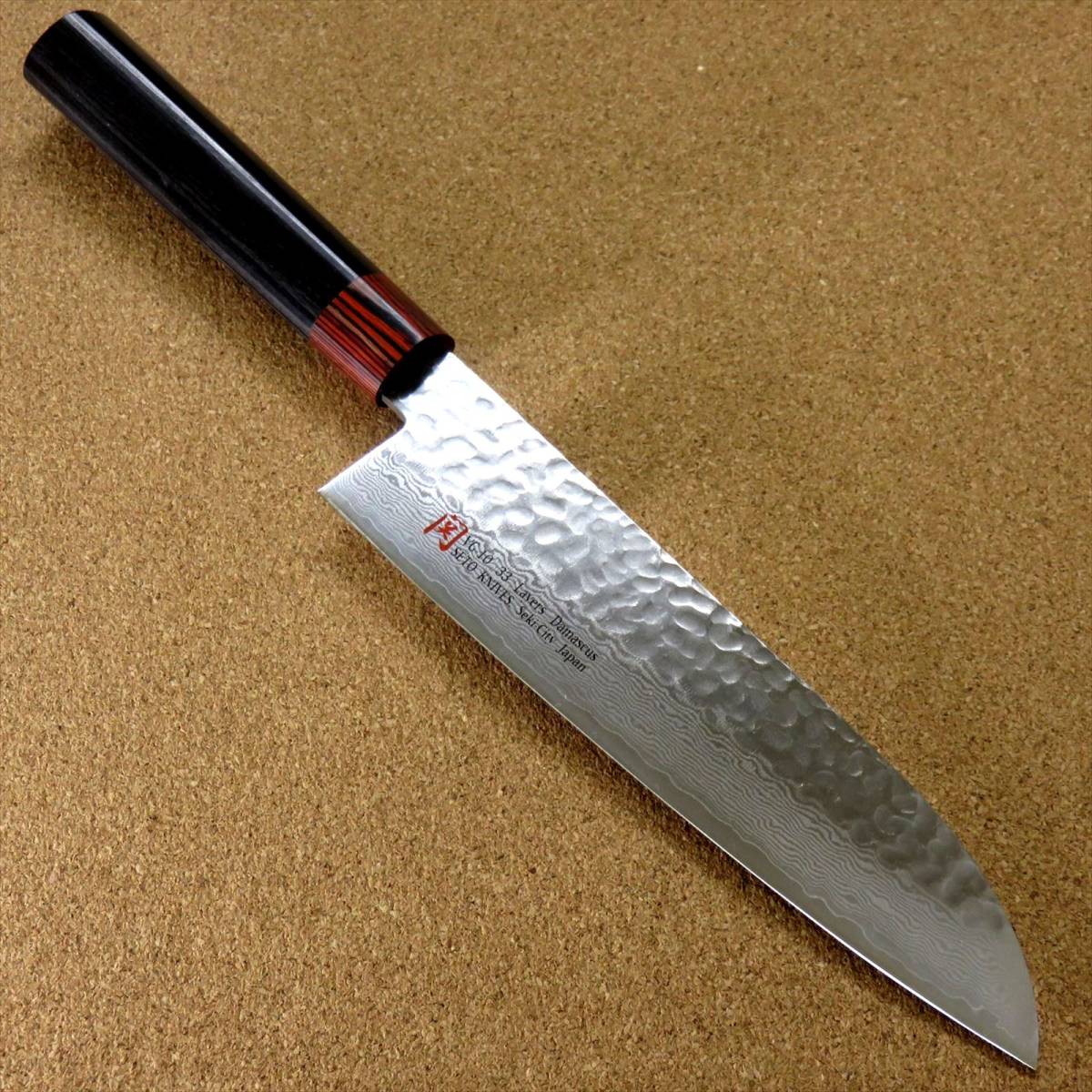 関の刃物 三徳包丁 18cm (180mm) 伊勢屋 V金10号 33層 ダマスカス 鎚目 黒パッカー 家庭用 肉 魚処理 野菜切 両刃万能包丁 文化包丁 日本製_画像1