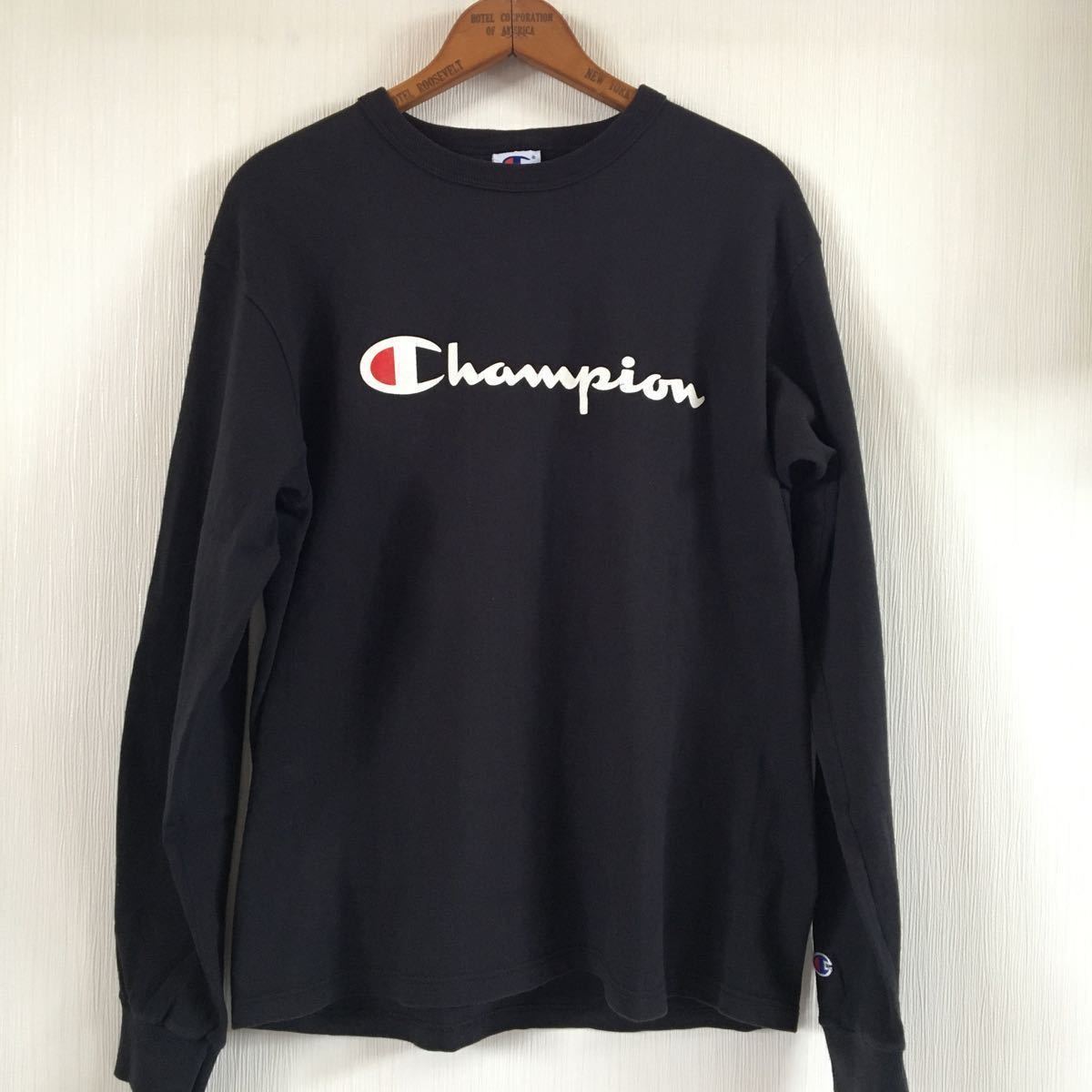 90's USA製 Champion チャンピオン スクリプトロゴ ロングスリーブTシャツ ロンT ブラック M_画像1