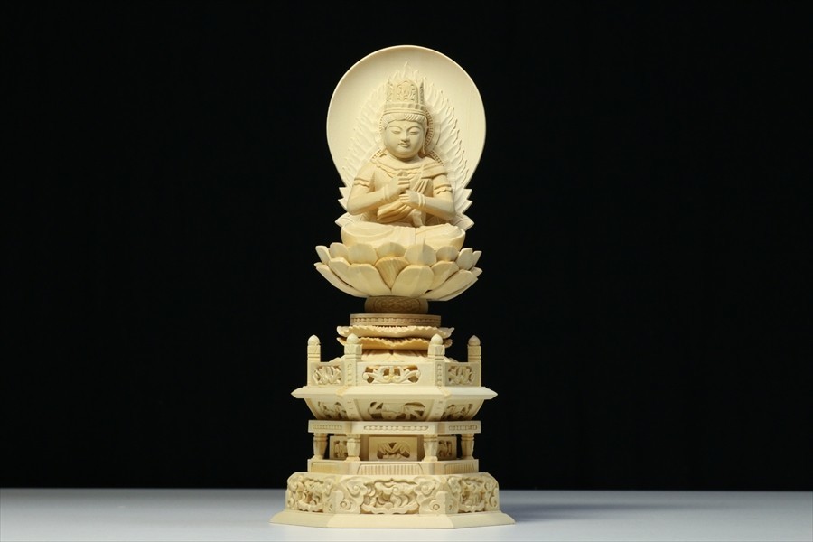 仏像□ 3寸□ 大日如来像六角台座白木真言宗ご本尊□ 仏具(高さ32cm