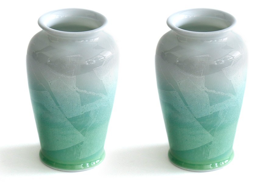 国産 陶器 花瓶 ■ パール仕上げ ■ グリーン 8寸 ■ 2本組 高さ25cm ■ 花瓶