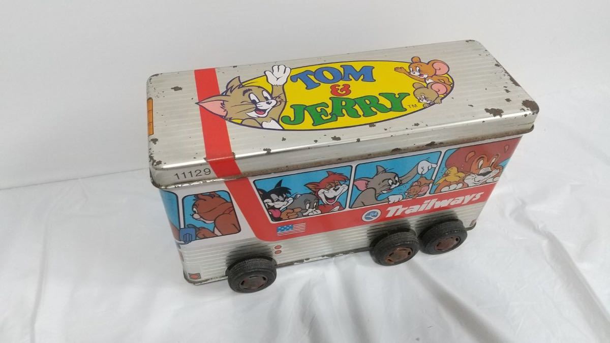 TOM and JERRY トムとジェリー クッキーの缶 当時物 1989年 アンティーク 雑貨 ブリキ缶 オスカー バス型 ターナーエンターテイメント_画像1