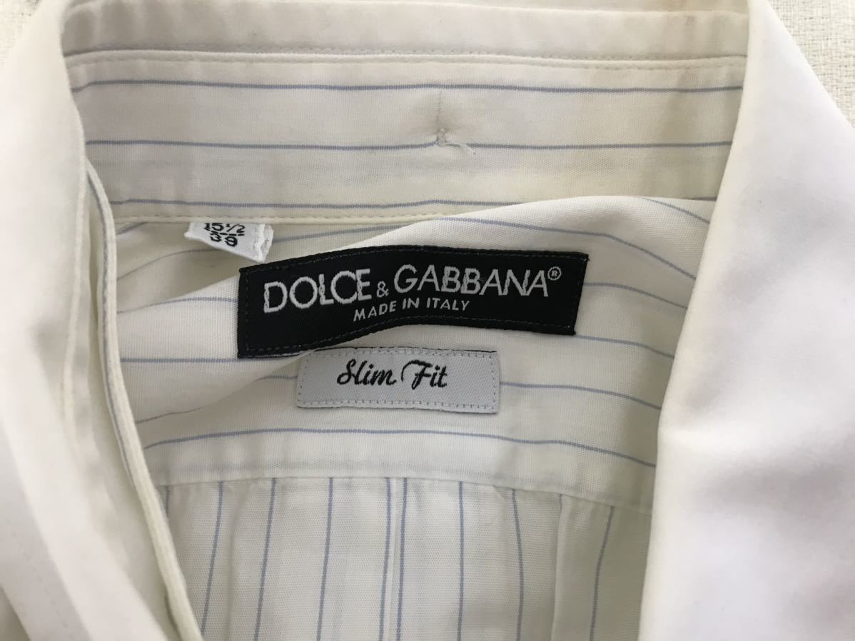 本物ドルチェアンドガッバーナDOLCE&GABBANAコットンストライプ柄ドレス長袖シャツメンズ白ホワイトブルーSビジネススーツ39イタリア製_画像4