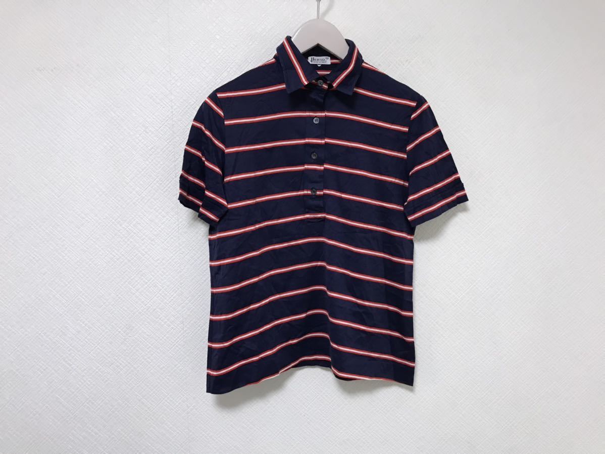  beautiful goods genuine article hell noHERNO lustre cotton border pattern dress polo-shirt with short sleeves navy blue navy 46M business suit Italy made 