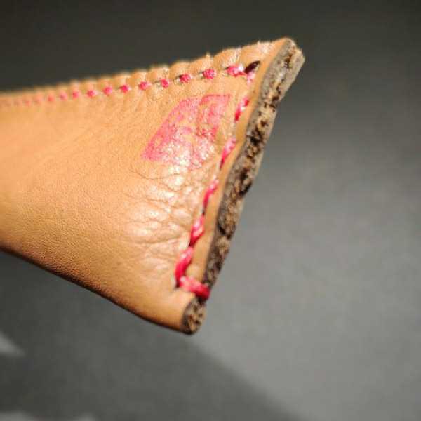 ハンドメイド ソフトタンニン牛革 キャメル色 ペンケース 一本収納 万年筆 ライン内側H150xW28mm 蒲印 手縫い