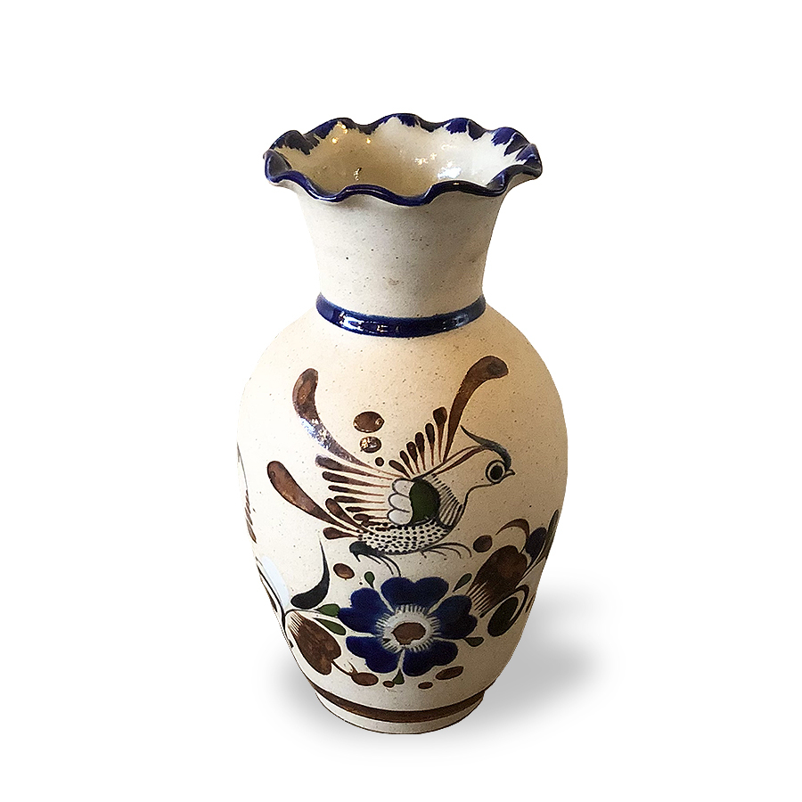 【メキシコ トナラ焼 フワワーベース(鳥絵柄)】検：ヴィンテージ陶器花瓶プリミティブボタニカル柄