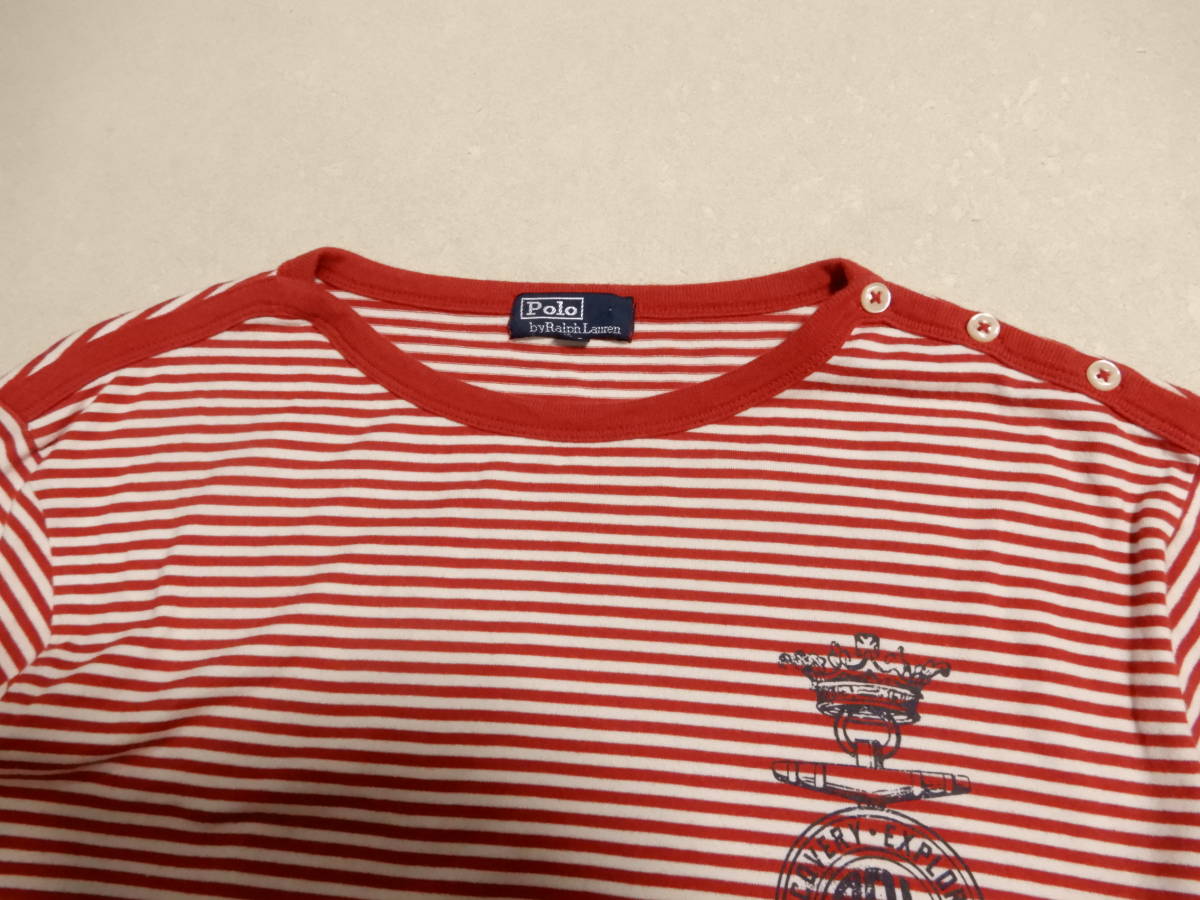 「送料無料」POLO RALPH LAUREN:ポロ ラルフローレン♪コットン100％：肩ボタン：赤＋白ボマリンマリンTシャツ＊サイズ170:ナイガイ発_画像4