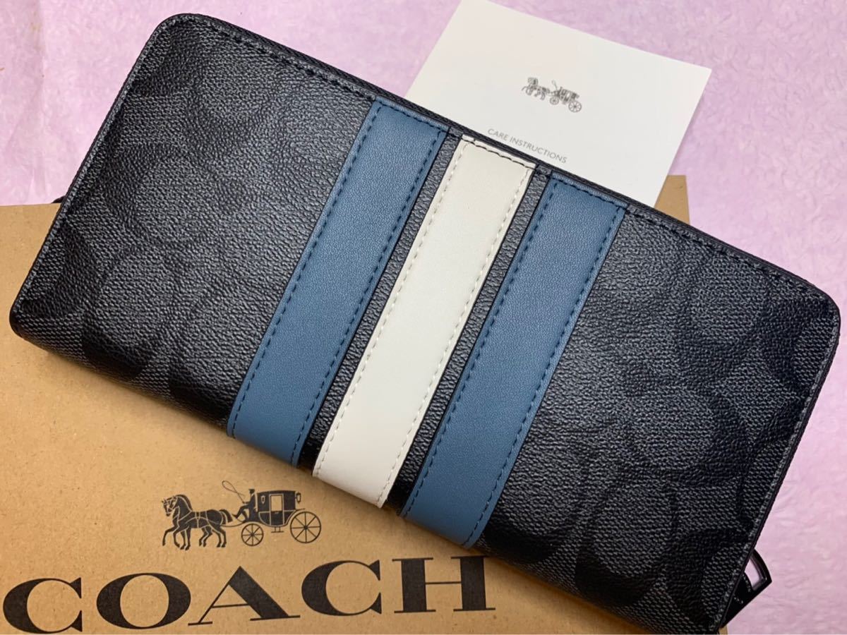 新品 コーチ 長財布 COACH 長財布 ホワイトブルーストライプ｜PayPayフリマ