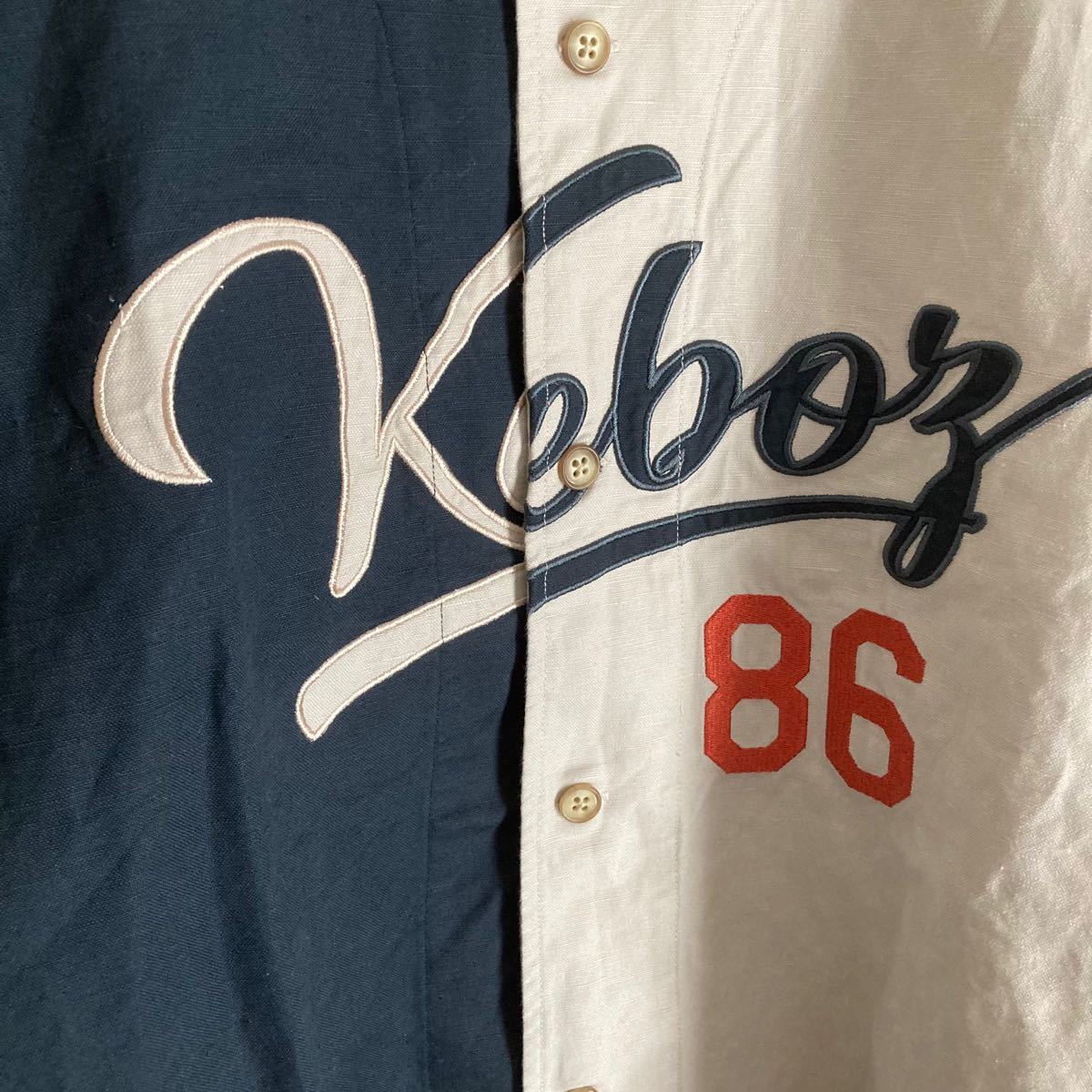 入手困難　keboz ベースボールシャツ　刺繍　ネイビー　アイボリー　リネン　L ツートーン　バイカラー　86