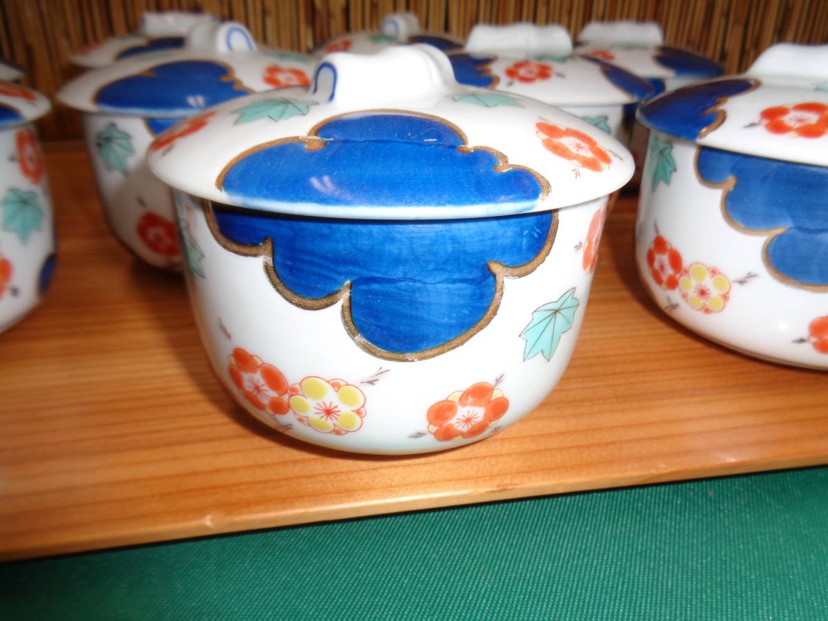 厨房品　和食器　料亭使用　茶碗蒸し器　梅/紅葉絵柄金色　9客　陶器　中古品_画像10