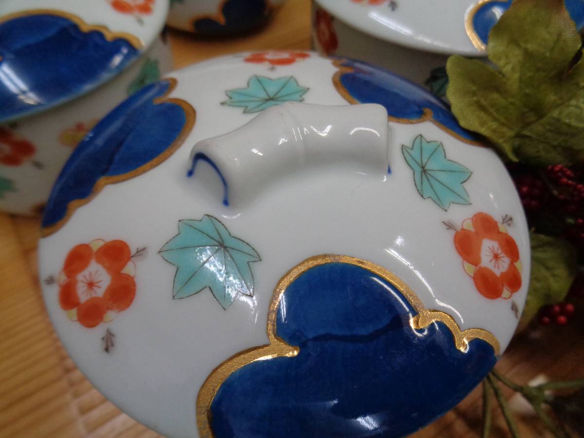 厨房品　和食器　料亭使用　茶碗蒸し器　梅/紅葉絵柄金色　9客　陶器　中古品_画像3