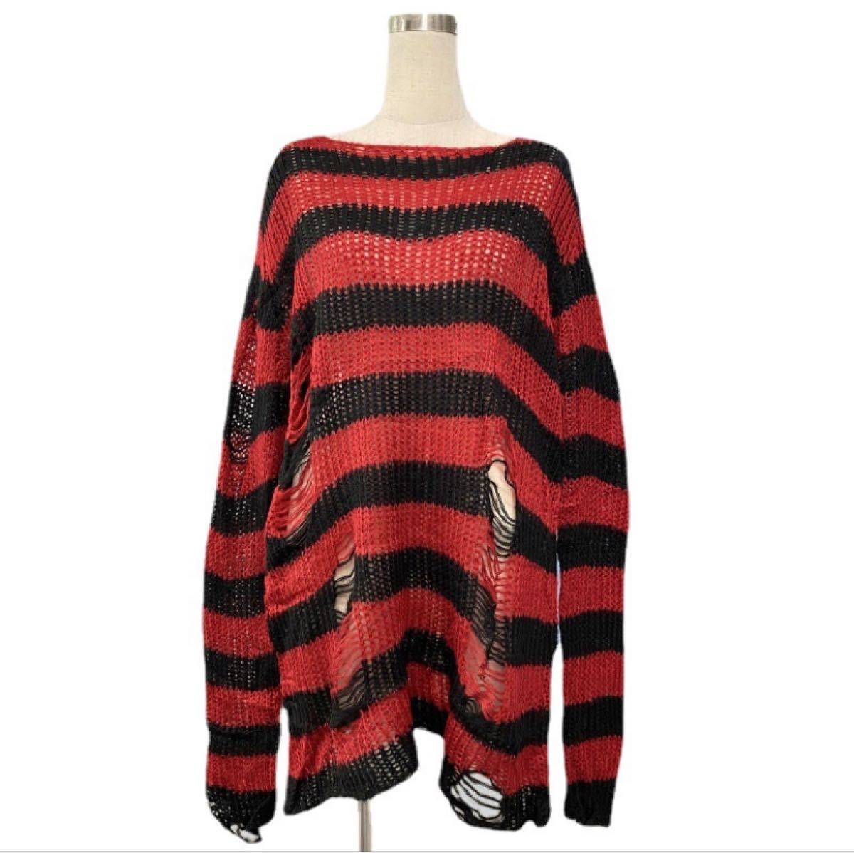 ダメージ ボーダー ニット 赤 黒 ユニセックス モヘア mohair ダメージ ボーダー ニット 赤 黒 ユニセックス モヘア mohair