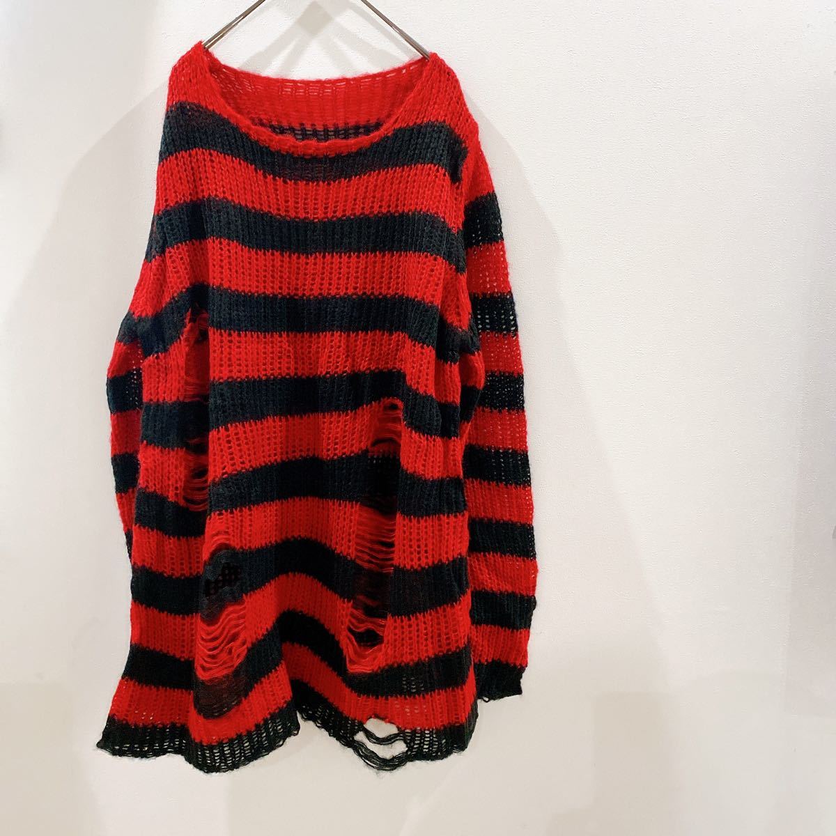 ダメージ ボーダー ニット 赤 黒 ユニセックス モヘア mohair ダメージ ボーダー ニット 赤 黒 ユニセックス モヘア mohair