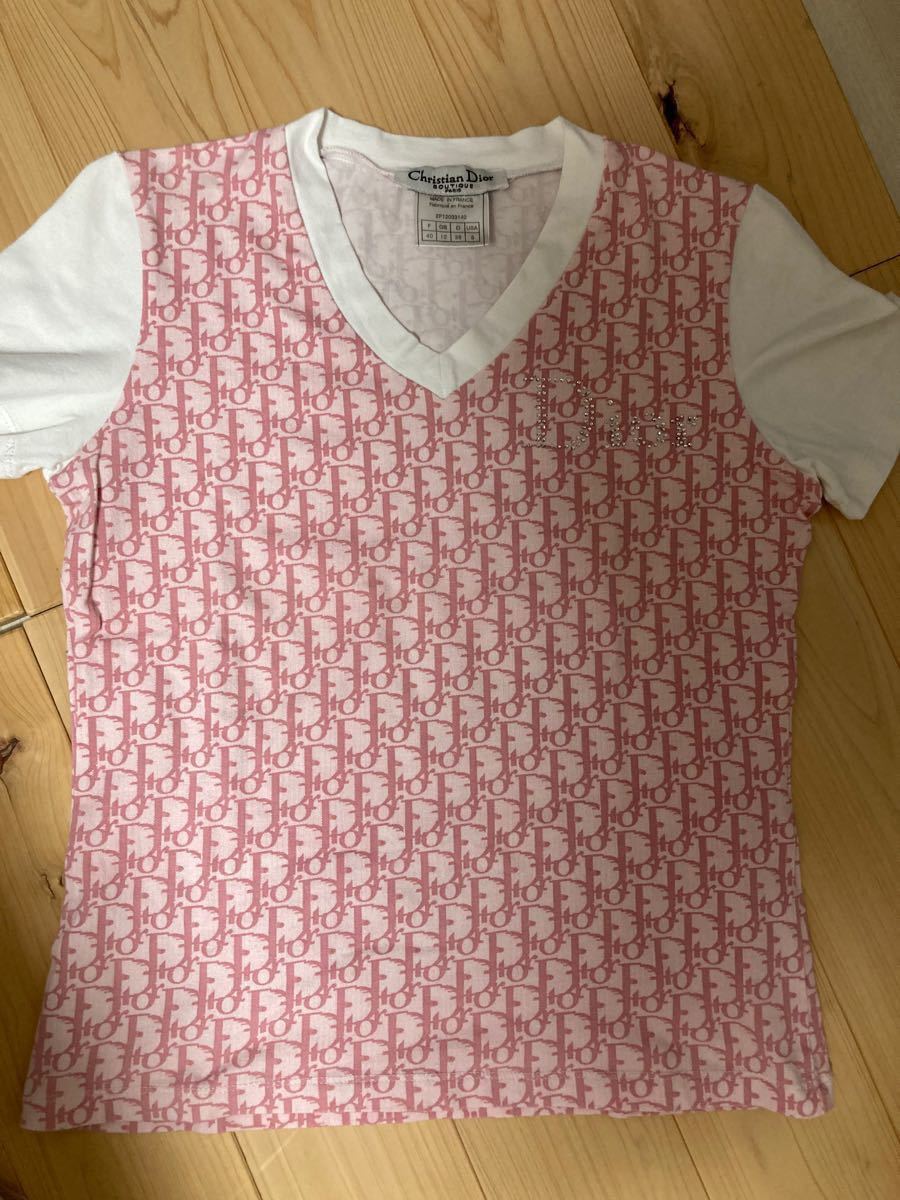 【人気・希少】クリスチャンディオール Christian Dior/ピンクのトロッター柄ラインストーンロゴ入り半袖Tシャツ