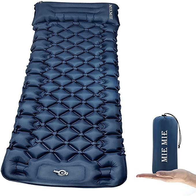 エアーマット 青　キャンプ 車　テント　足踏み式 枕付き 厚手 軽量 コンパクト