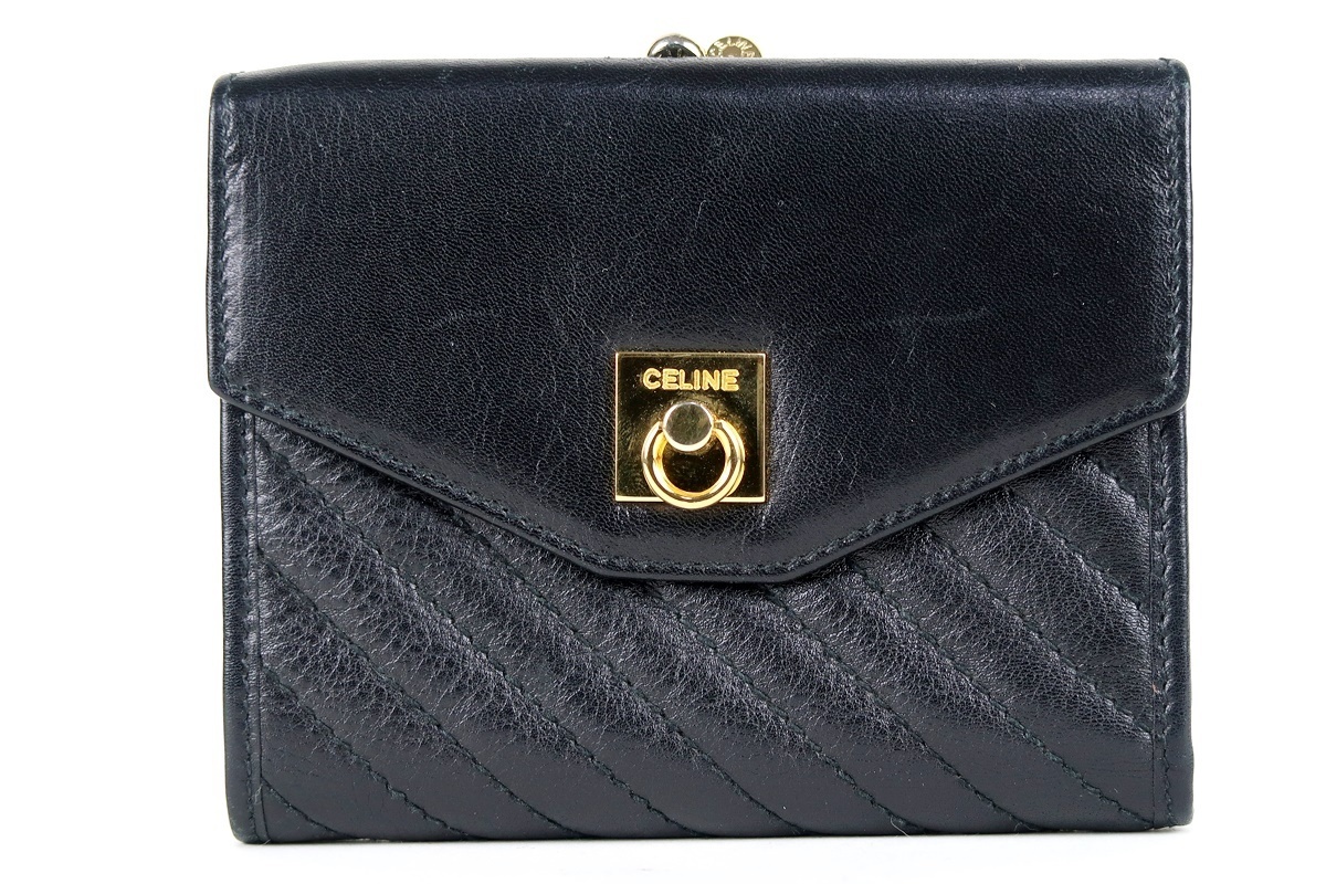 【美品】CELINE セリーヌ 三つ折り長財布 ブラック×ゴールド金具 レザー ブランド小物 ウォレット【HY77】_画像1