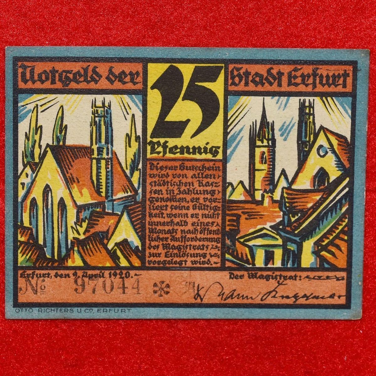【真正保証】1920年プロイセン自由国 25ペニヒ紙幣 エルフルト旧市街 都市景観 ドイツ表現主義 ワイマール共和国 ノートゲルト紙幣 希少