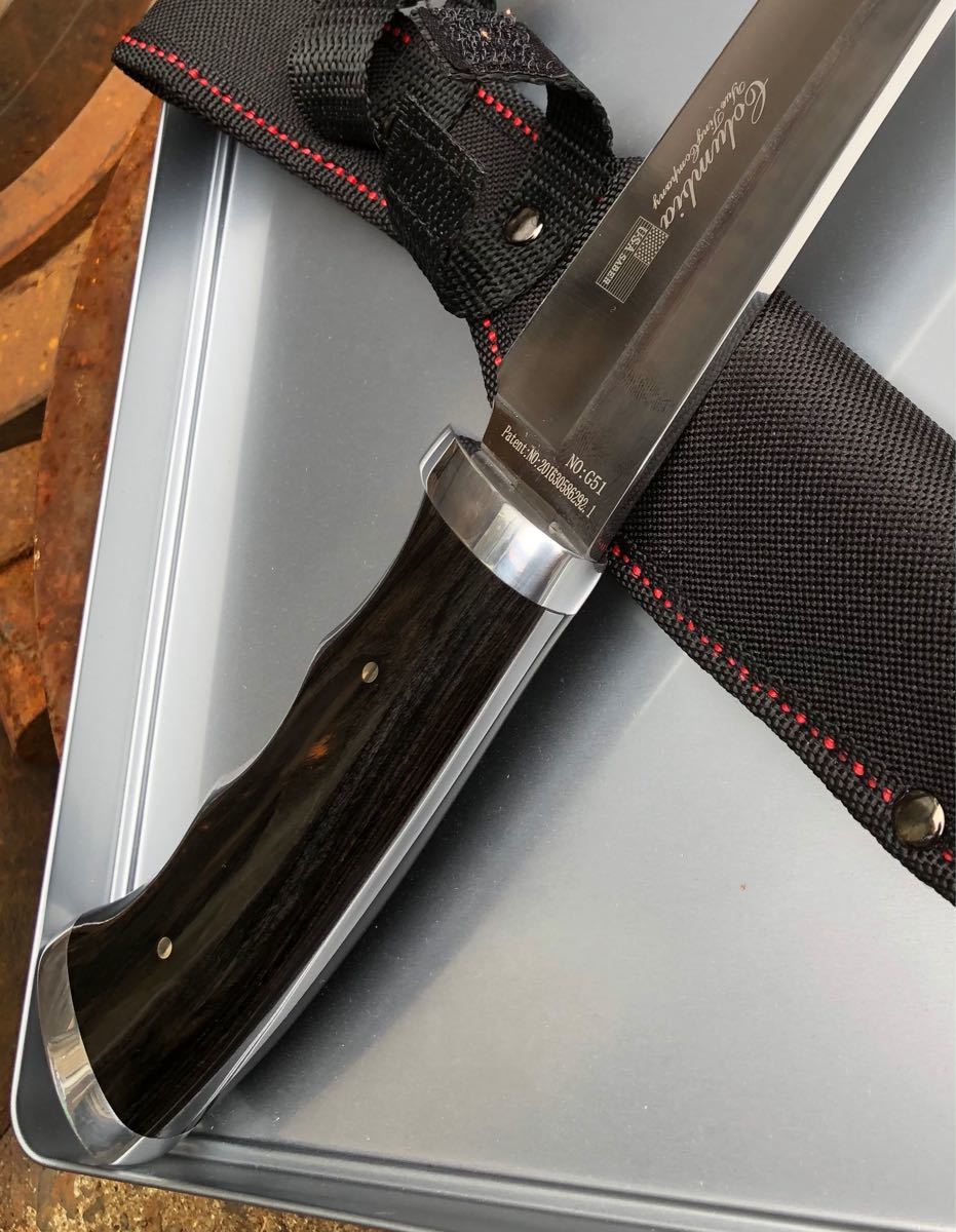 G51 コロンビアナイフ　高品質シースナイフ　黒檀調高級ウッドハンドル 