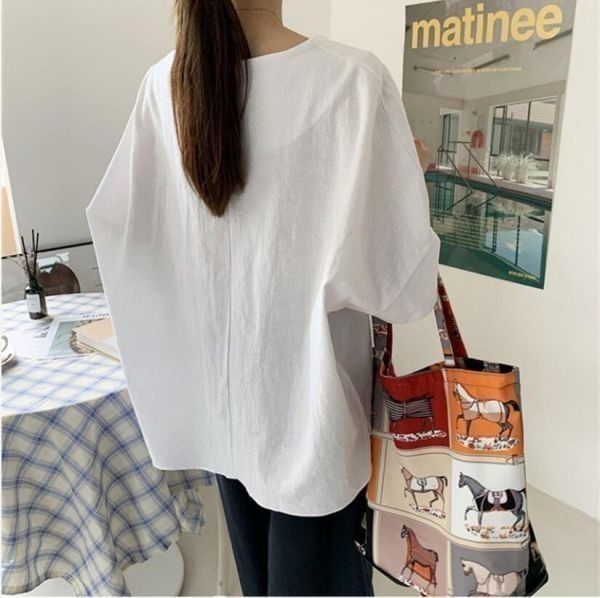 M size # autumn new goods natural easy wonderful plain cotton flax large size short sleeves blouse shirt tunic * white 