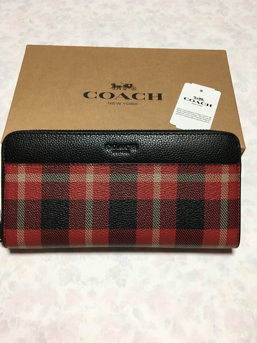 新品未使用】コーチ (COACH) 長財布赤黒色チェック柄 レディース 新品未使用】コーチ (COACH) 長財布赤黒色チェック柄 レディース