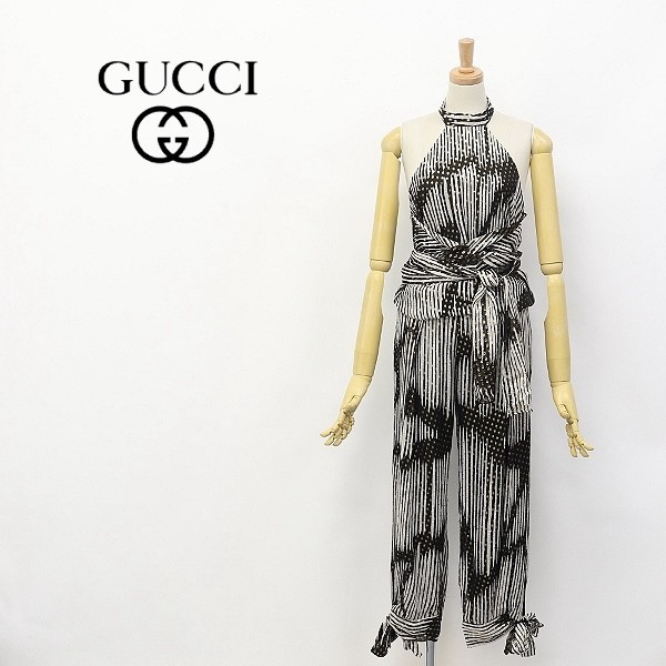 国内正規品◆GUCCI/グッチ 総柄×ゴールドドット シルク シフォン ホルターネック トップス＆裾リボン スリット パンツ セットアップ 36_画像1