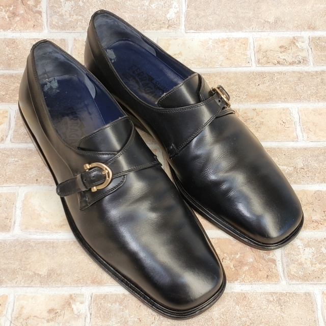 美品 フェラガモ モンクストップ レザー ドレスシューズ 7.5 ブラック 革靴 Salvatore Ferragamo 