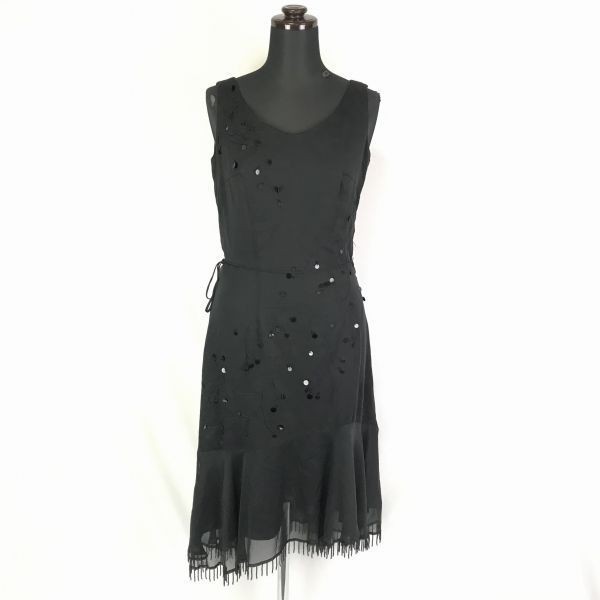 ミッシェルクラン★ロング丈/アシメトリ/ノースリーブワンピース【38/M/黒】ビーズ/刺繍入り/サイドジップ/MICHEL KLEIN◆BF331_画像1