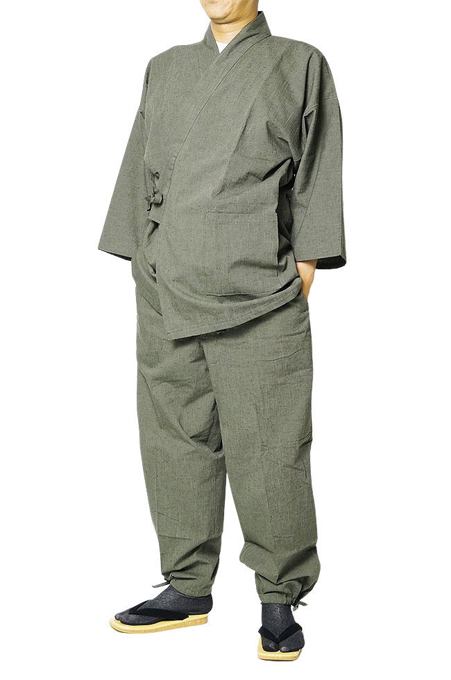 【ひめか】作務衣 メンズ 日本製 高級 たてスラブ作務衣 1051 グリーンＭ