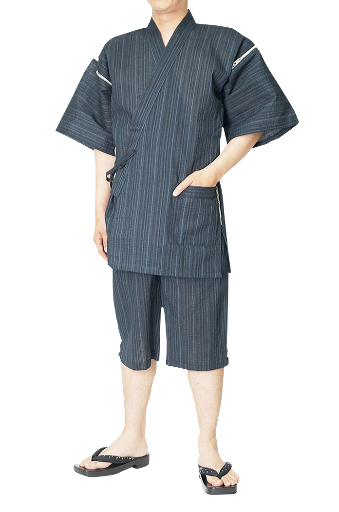 【ひめか】　甚平 しじら織 日本製 ロングパンツ OR-3　紺縞 Ｌサイズ 甚平