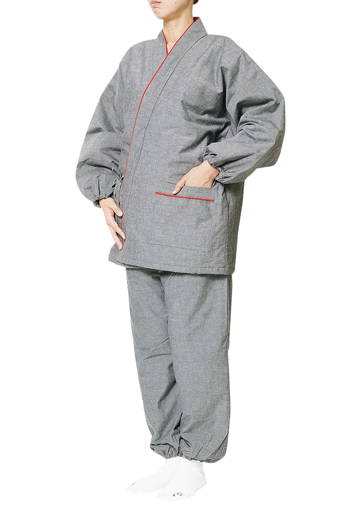 【ひめか】作務衣 冬用 日本製 キルトテイジン中綿入り 作務衣 女性　グレイ M/L(フリー）_画像1