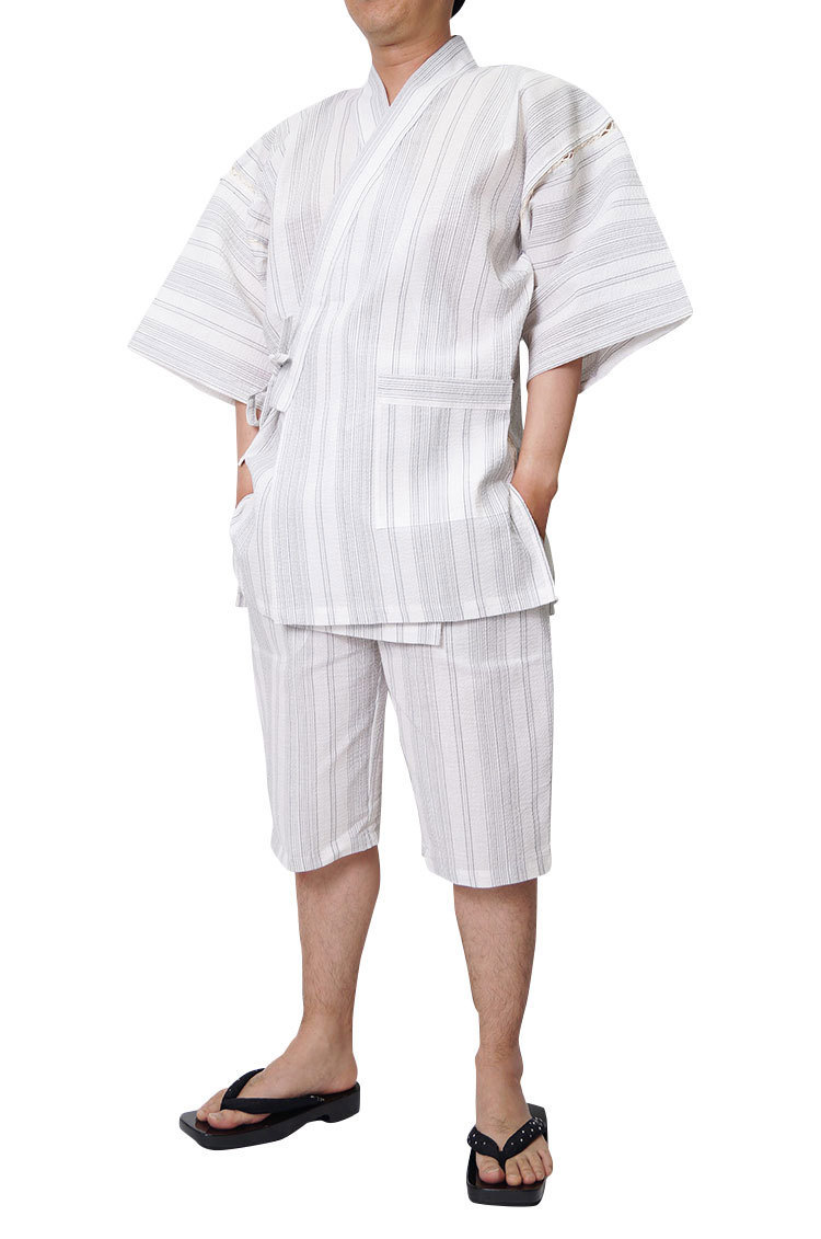 【ひめか】　甚平 しじら織 日本製 ロングパンツ OR-2 白縦絣縞 Ｍサイズ