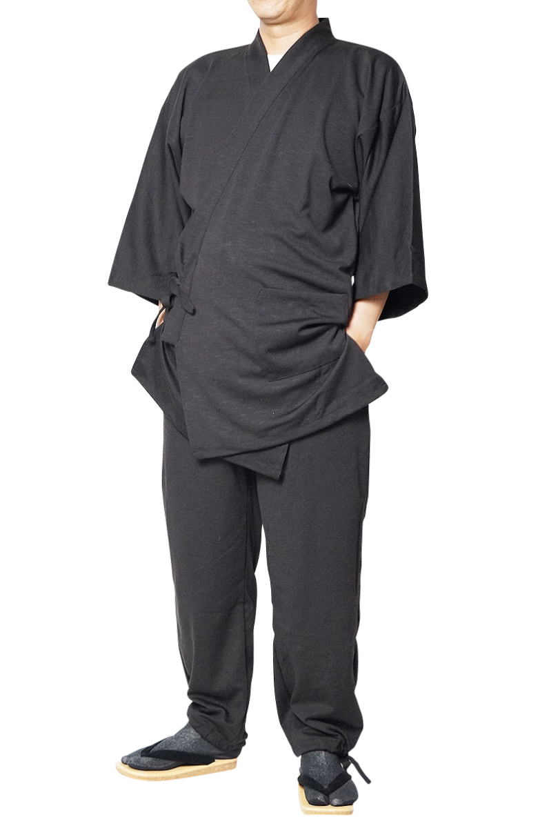 最低価格の 【ひめか】　作務衣 メンズ スラブニット織り 作務衣 当店オリジナル　黒ＬＬ 作務衣