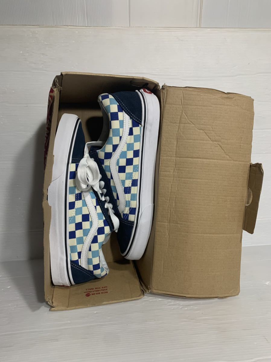 VANS ヴァンズ　バンズ 箱付き美品　紺×ターコイズ×白　チェッカーボードブルートパーズ　ジャズ オールドスクールスニーカー 9.5約27.5_画像4