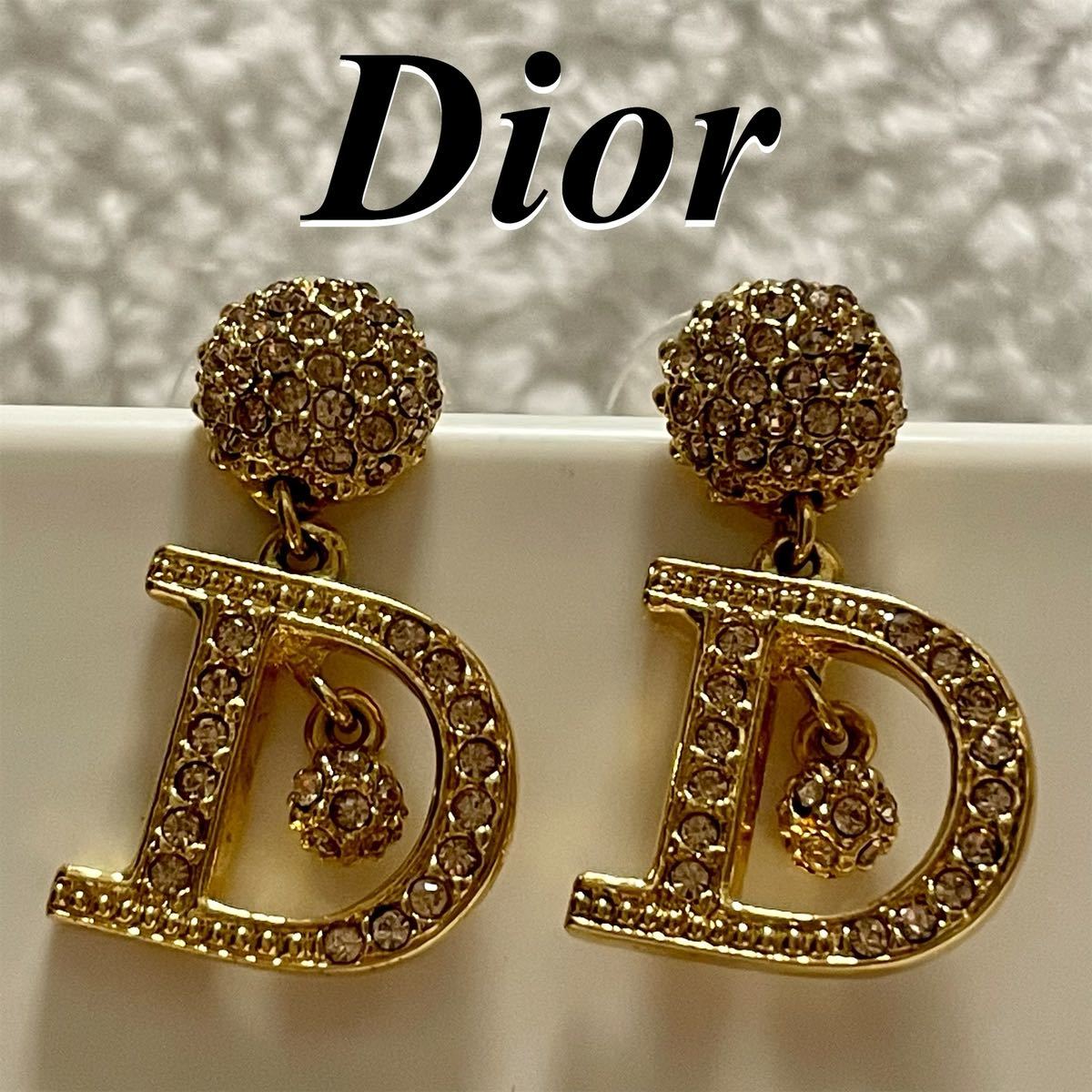 Christian Dior クリスチャン ディオール Dマーク Dロゴ ラインストーン スイング ピアス GPメッキ アクセサリー
