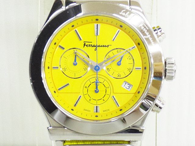 ∞【稼働品】Salvatore Ferragamo フェラガモ 腕時計 FF3030013 クロノグラフ デイト クォーツ 黄色 イエロー メンズ □H8