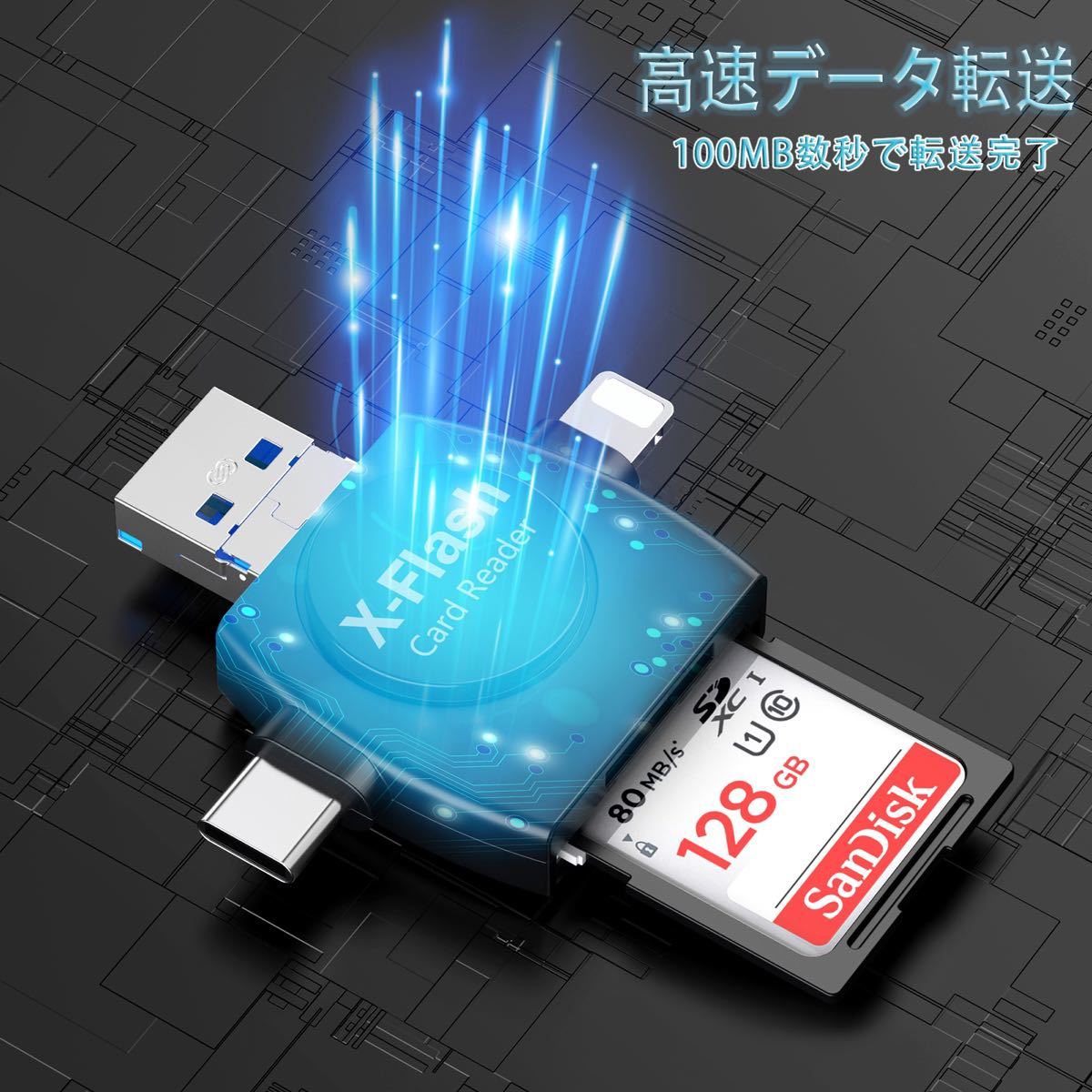 SDカードリーダー 4in1外付メモリーカードリーダー iPhone Android Type-C USB 全対応