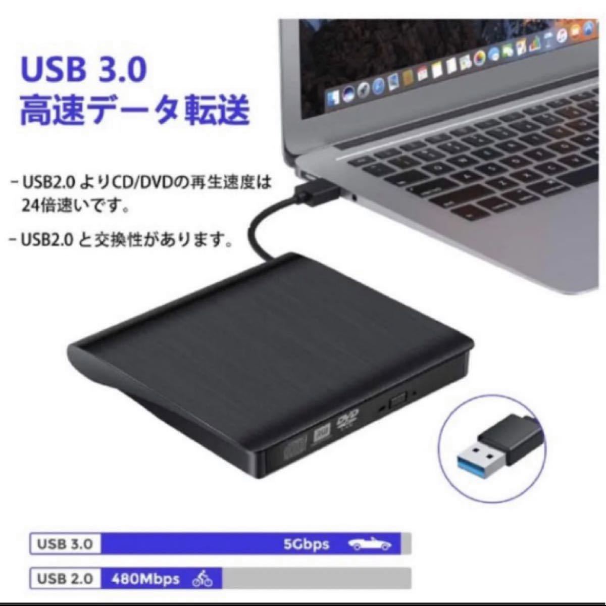 最新版 USB3.0 外付け DVD ドライブ CD/DVDプレーヤー ポータブルDVDプレーヤー 高速 薄型 静音 