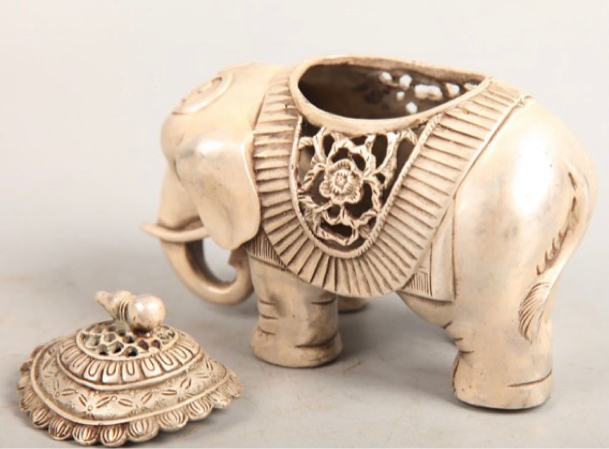 金属香炉 銀色 象 年代物 美品 アンティーク 美術品