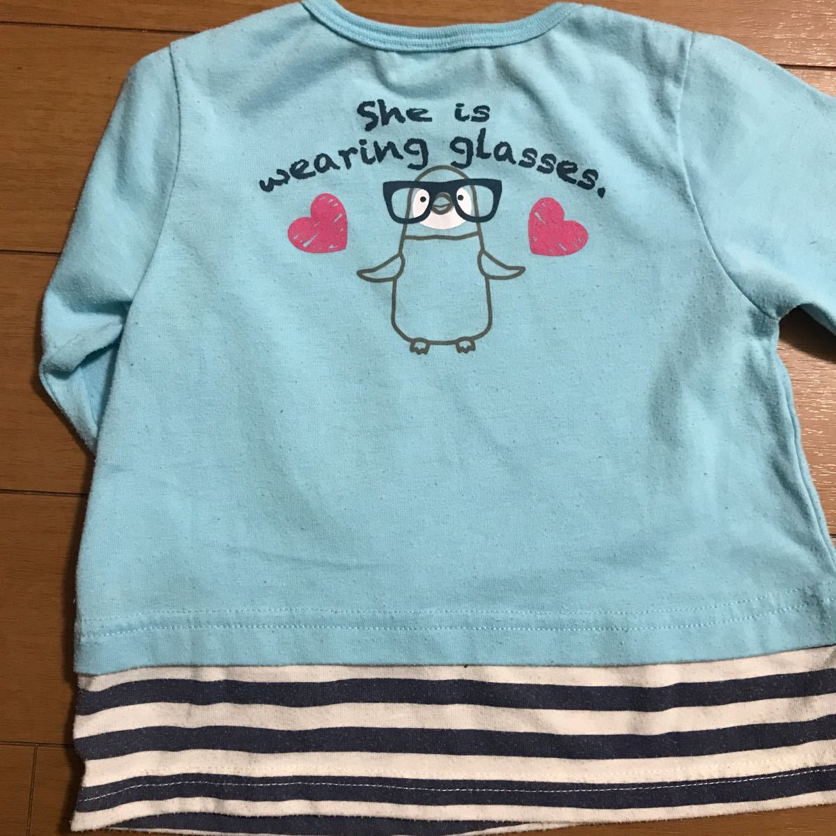 85 90 95 ハート 眼鏡ペンギン　ボーダー　長袖Ｔシャツ　ロンT 保育園お着替え　男女共用