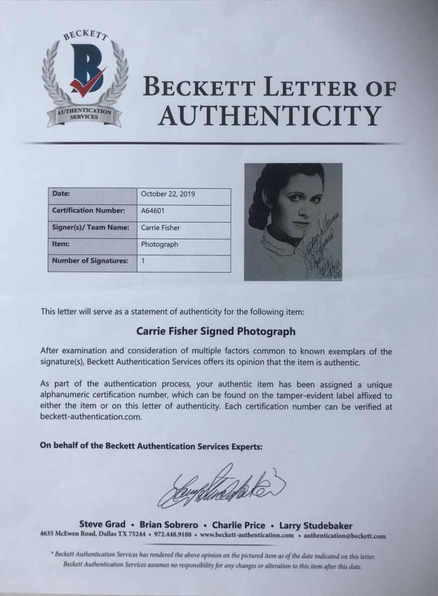 BAS鑑定書 本物 キャリー・フィッシャー『スター・ウォーズ BAS鑑定書 本物 キャリー・フィッシャー『スター・ウォーズ