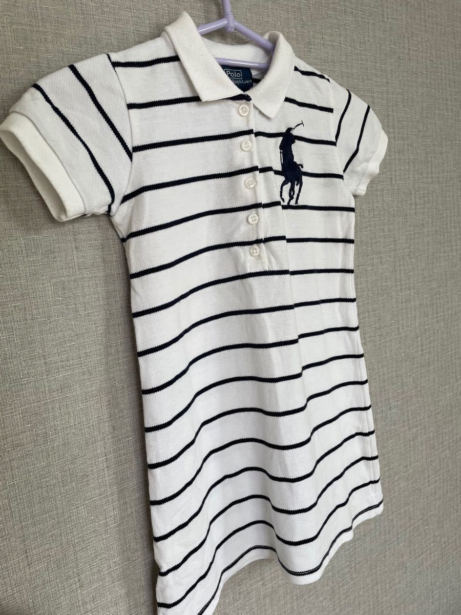 《ラルフローレン》キッズM（110くらい？）ロゴ大きめ刺繍/紺×白ボーダーワンピース（長め襟付きシャツ）裏、右下シミあり