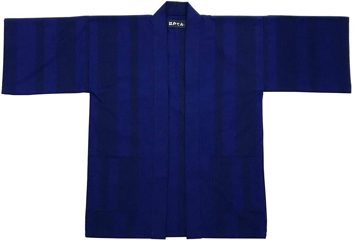 お気にいる [江戸てん]一点もの　B羽織り　はっぴ 和服カーディガン　青縞 法被 袢纏 日本製スラブ生地 一般