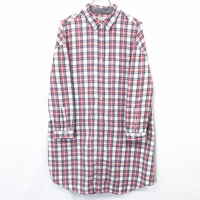 BEAMS HEART Beams Heart - lady's shirt tunic One-piece big Silhouette check long sleeve red × navy × white 