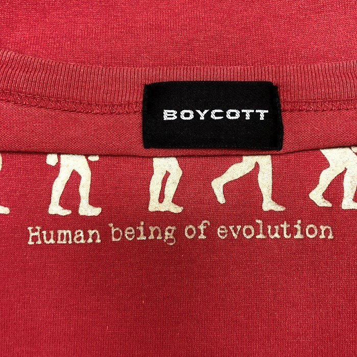 BOYCOTT ボイコット 2 メンズ 男性 Tシャツ カットソー プリント 人間の進化 丸首 長袖 ロングスリーブ 日本製 綿100% コットン レッド 赤_画像3