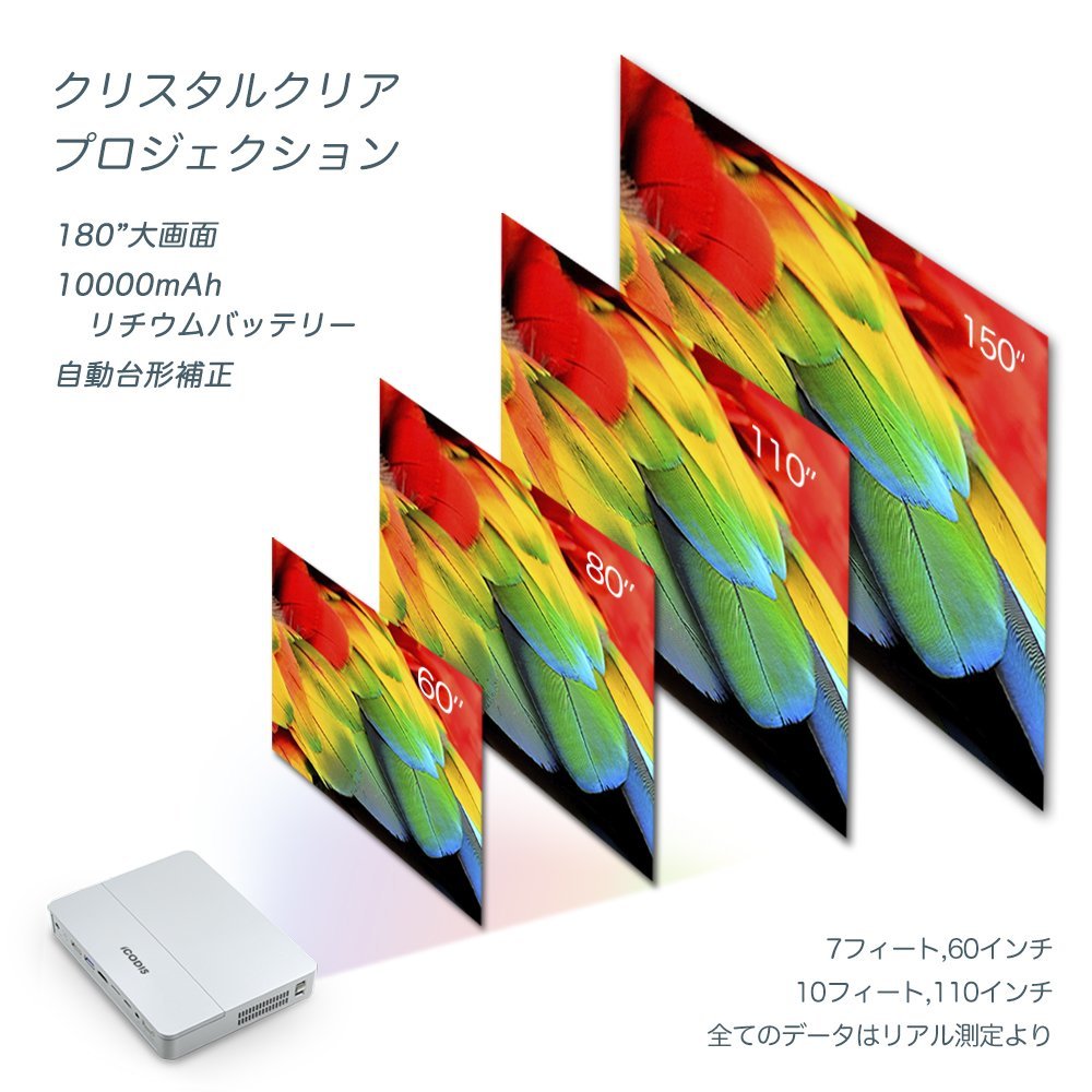 【週末特価】ミニプロジェクター 小型 3000ルーメン 10000：1のコントラスト比 10000mAhバッテリー内蔵_画像4