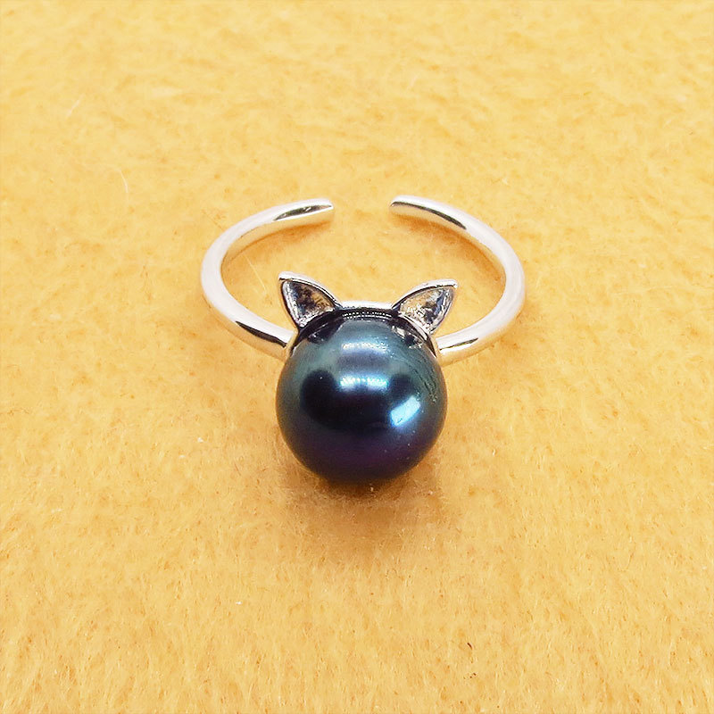  cat ear motif. lovely open ring silver 925 fresh water pearl (pi- cook blue ) pin key ring 