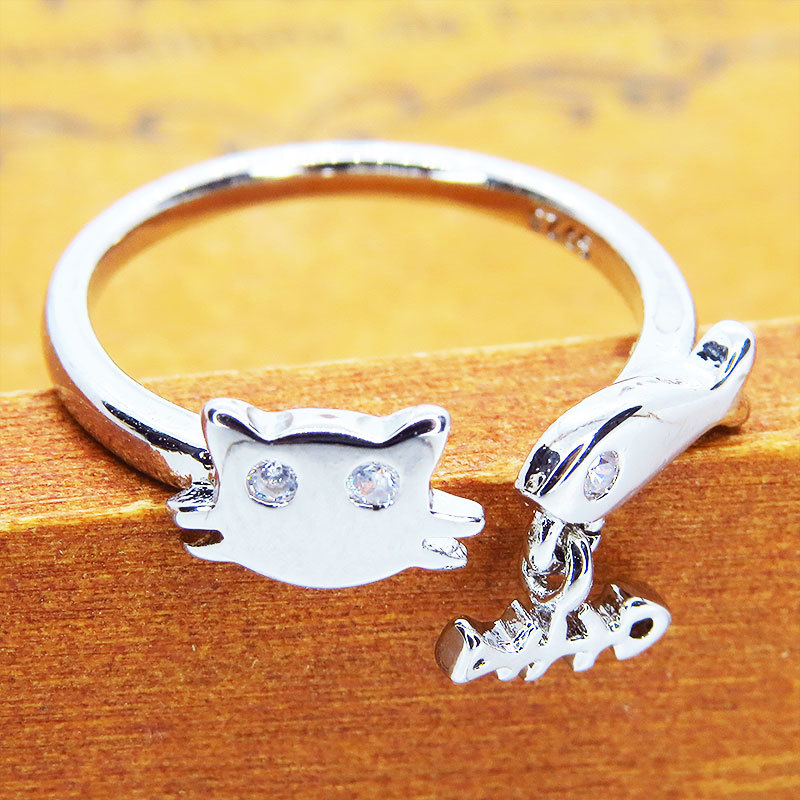  silver 925 cat face .. fish . combination . adult pretty ring open ring Cubic Zirconia fish. . swaying free size 