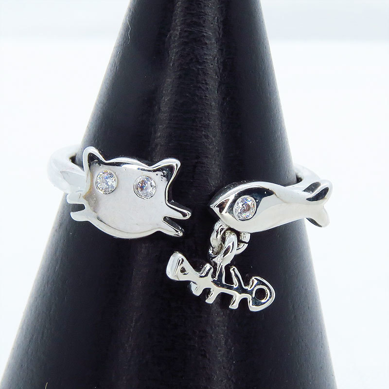  silver 925 cat face .. fish . combination . adult pretty ring open ring Cubic Zirconia fish. . swaying free size 